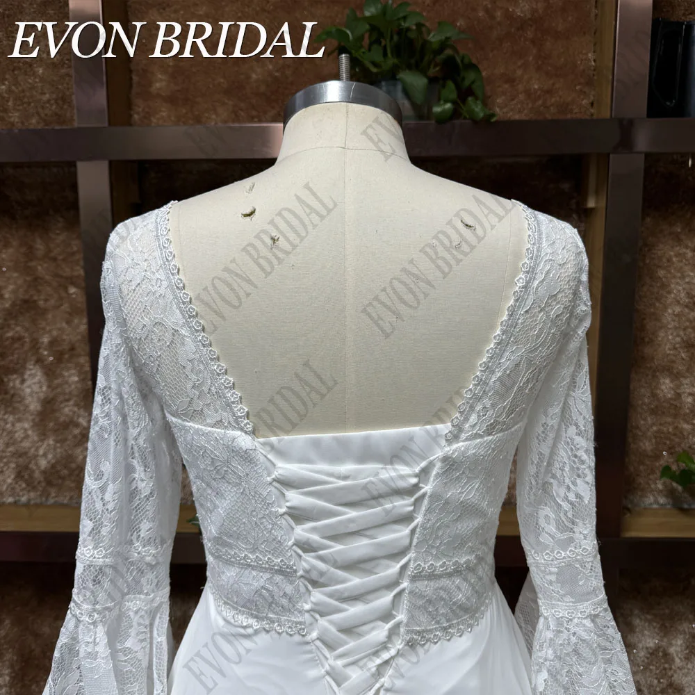 EVON BRIDAL Chiffon Flare Sleeves Wedding Dress Plus Size V-Neck Lace A-Line Vintage Bridal Gowns Custom Made Vestido De Novia