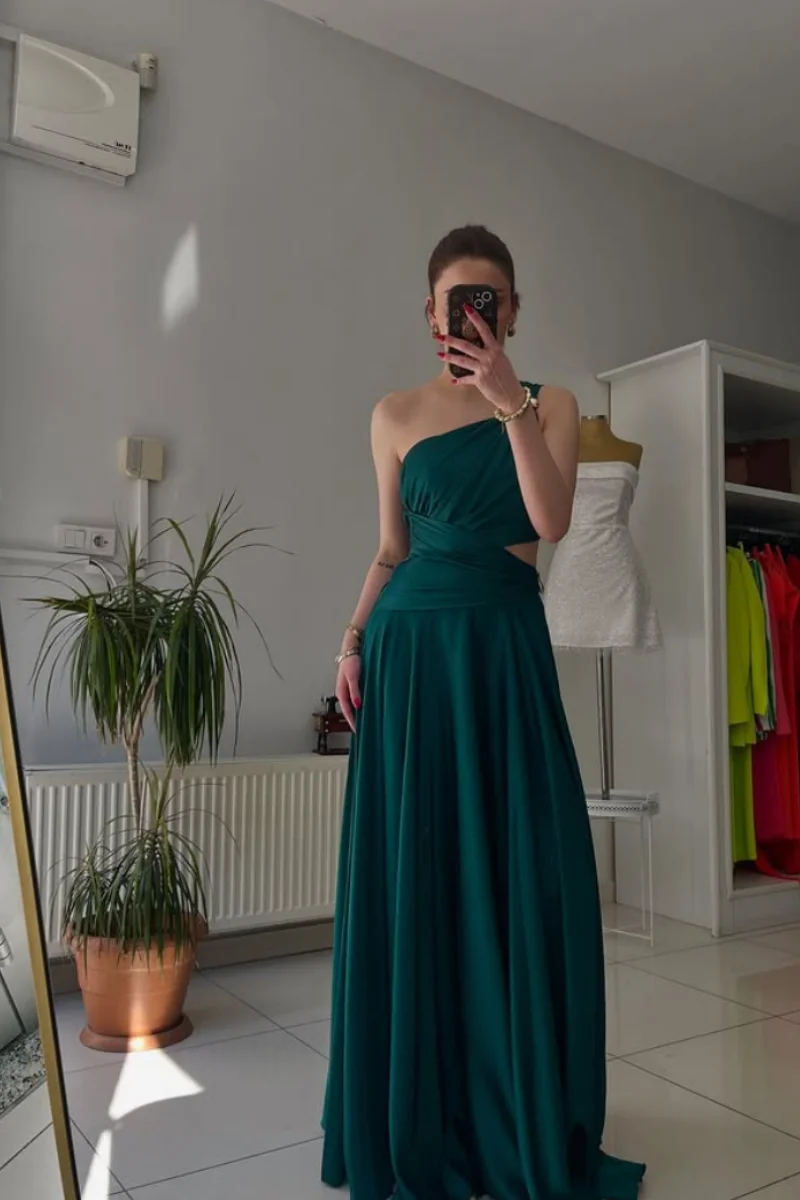 Annie Abiti da ballo con ritaglio in vita pieghettata Abiti da sera verdi sexy con una spalla Abiti da festa eleganti da donna a forma di A فسات Бmavera