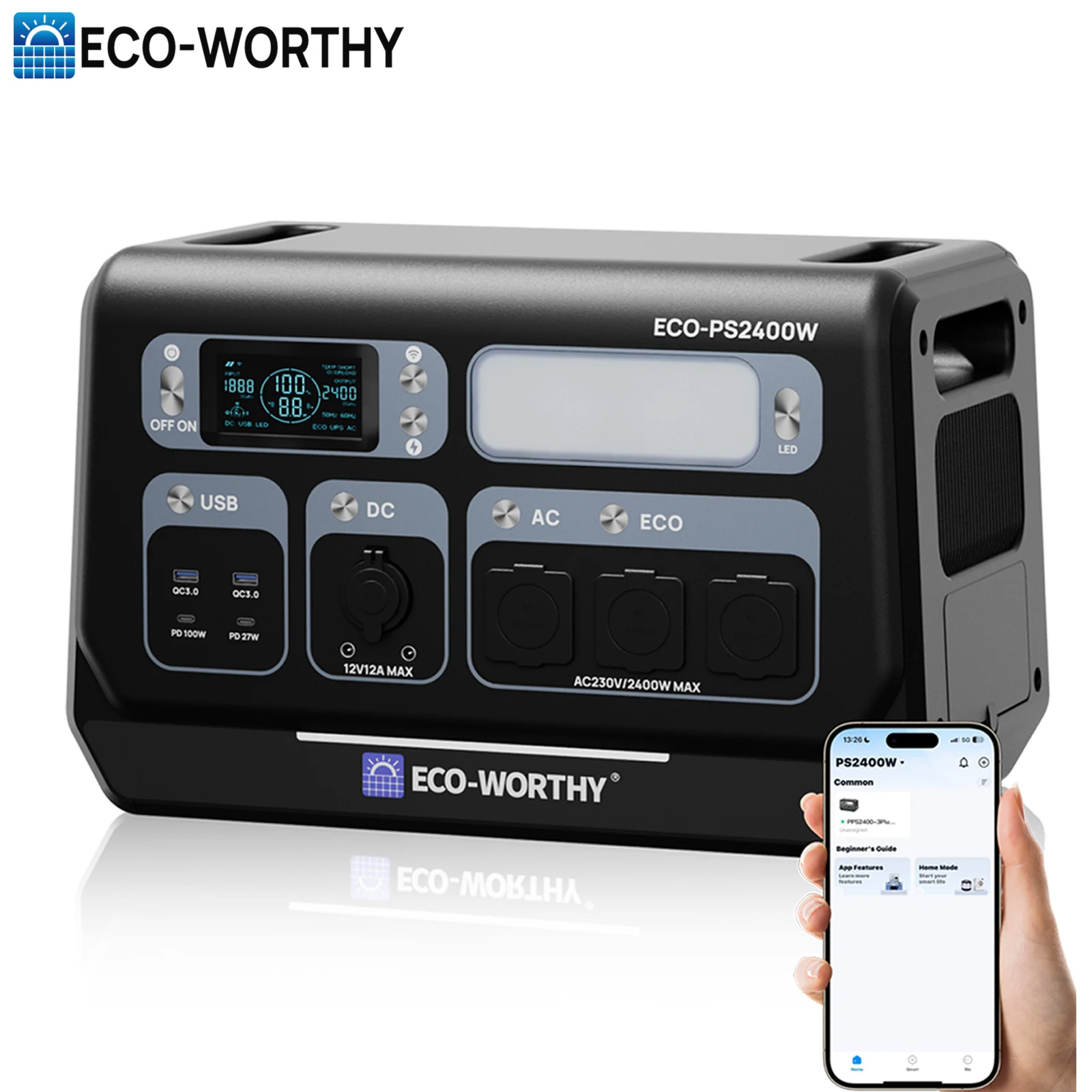 Eco-Worthy ECO-WORTHY 2048Wh 2400W Portable Power Station LiFePO4 Battery,1.2 Hours Fast Charge,5-year Warranty for Camping Motorhome