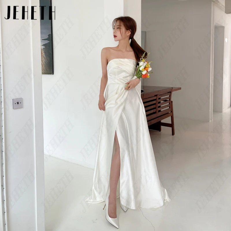 

JEHETH Strapless Pleat Korea Wedding Dresses Women Simple Satin Split Bridal Gowns Sleeveless Backless 웨딩드레스 Photography A-Line