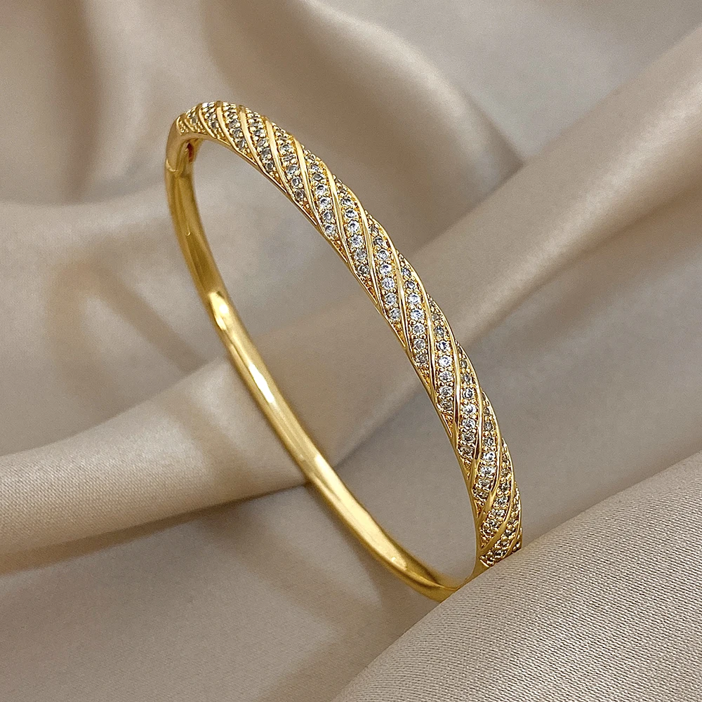Freetey Classic Sparkling Zircon Golden Plated Round Bangle for Women Minimalist Stackable Basic Spring Bracelet Hand Jewelry