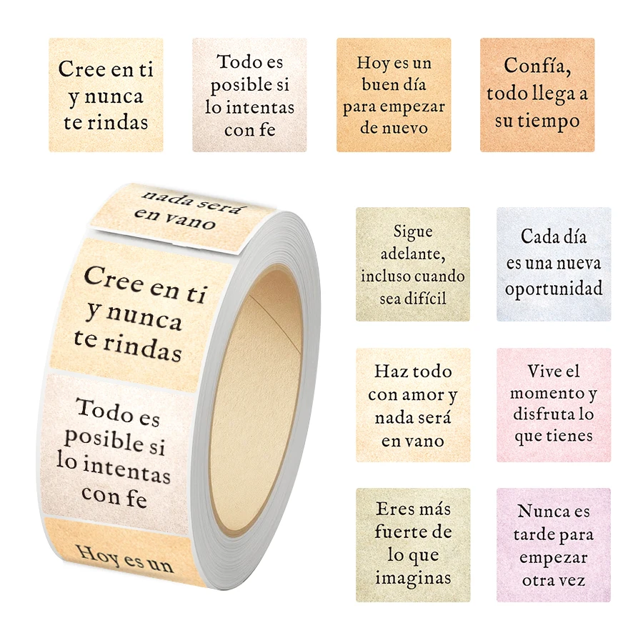 

500 Pcs Spanish Inspirational Quote Stickers Roll, Motivational Text Labels for Packaging, Gift Wrapping, Envelope Sealing
