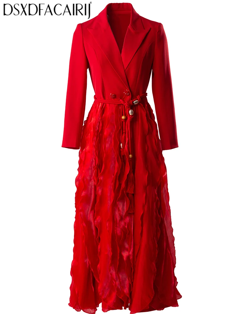 DSXDFACAIRIJ Women's Lapel Long-sleeved Double Breasted Sashes Accessories Spring Autumnal Solid High Street Exquisite Dresses