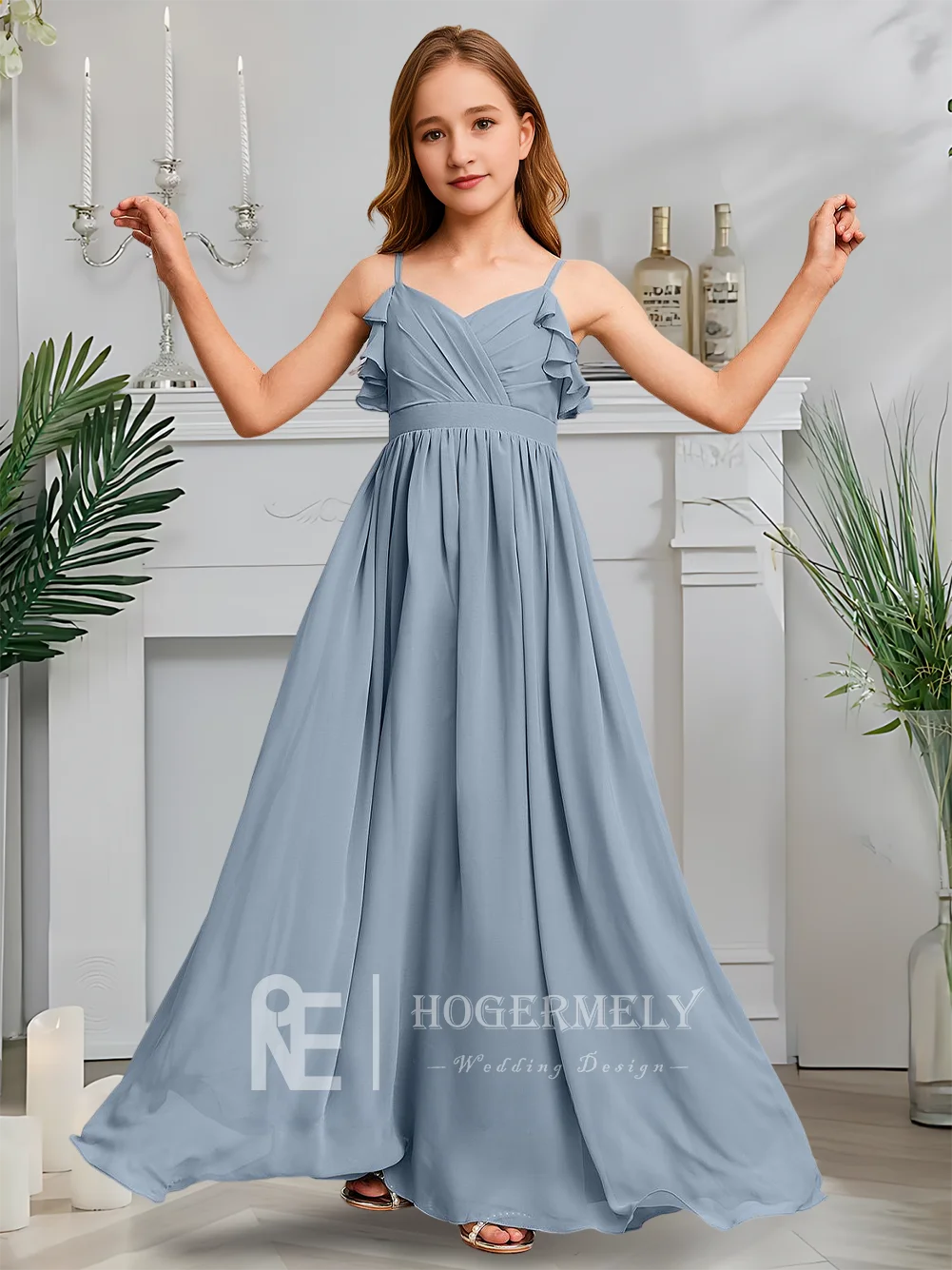 Luxuoso linha a júnior vestido de dama de honra crepúsculo azul flor menina vestido com decote em v chiffon até o chão jardim gala festa de casamento