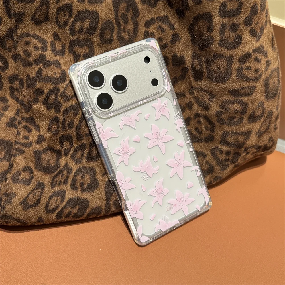 

Beautiful Lily Flower Clear Glitter Phone case for iPhone 16 Pro 15 Max 17 Pro Max 15 16 17 Funda Korea Cute Protective Cases