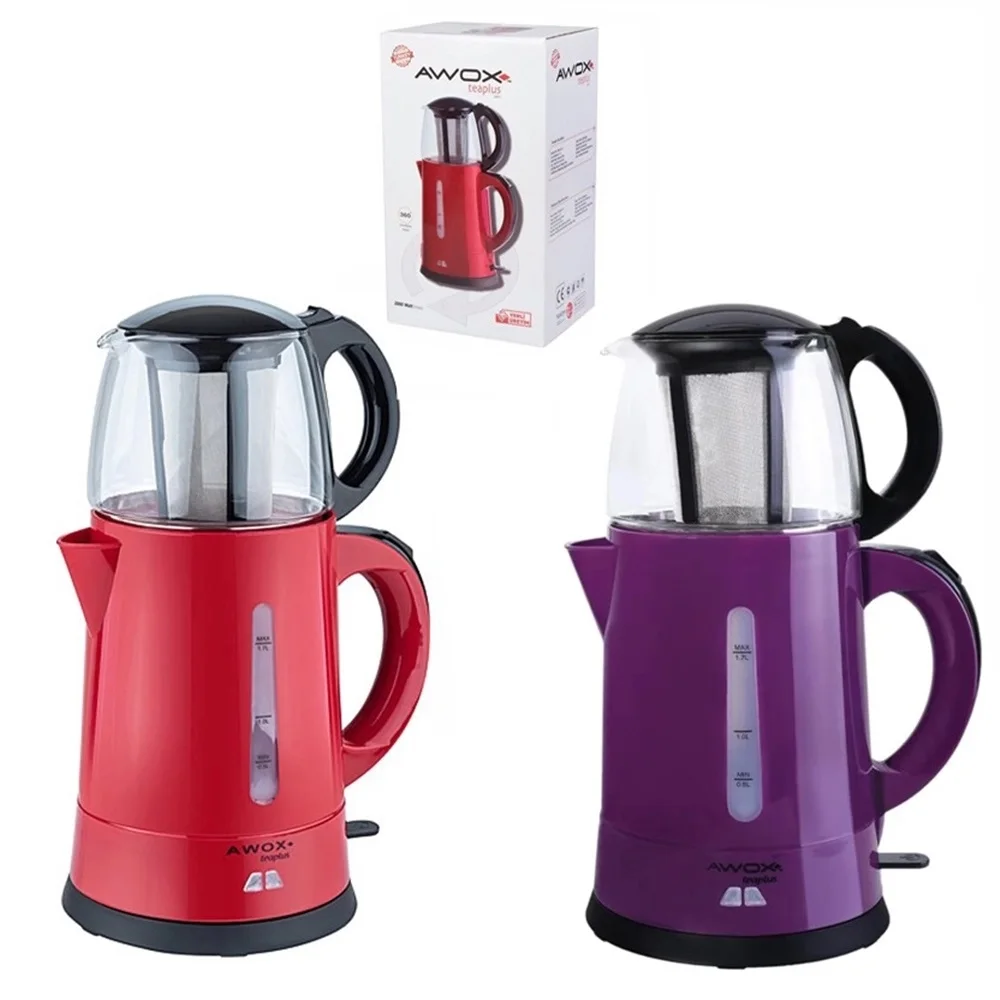 Electric Turkish Tea Maker 2000 Watt Heating Power Smart Kettle 2 Lt Plastic Water Reservoir Glass Teapot 1.2 L For Kitchen Home