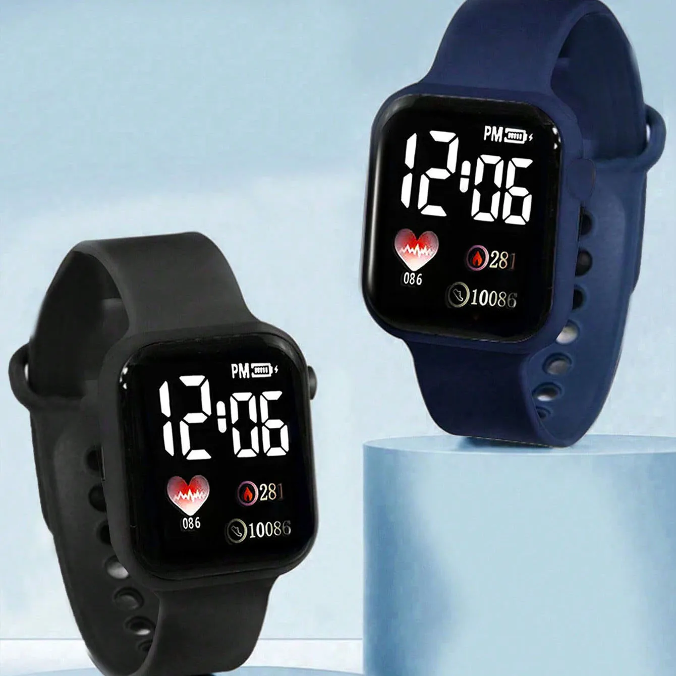 2-Piece Set, Boys' Casual Sports Led Electronic Watch Set, Blue + Black, Silicone Strap, Digital Display, Square Dial, Casual and Versatile, Everyday Use, Nice