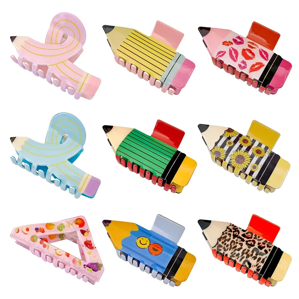 Creative Cartoon Pencil Book Hair Claw Clips for Women Versatile Leopard Print Shark Hair Clips Cartoon Hair Accessories