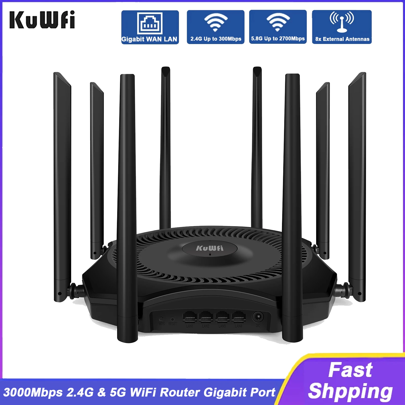 

KuWFi 3000Mbps AP Router 2.4G 5.8G Dual Band Wirelss Wifi6 Router with External Antennas Gigabit Ethernet Port Support 128 Users