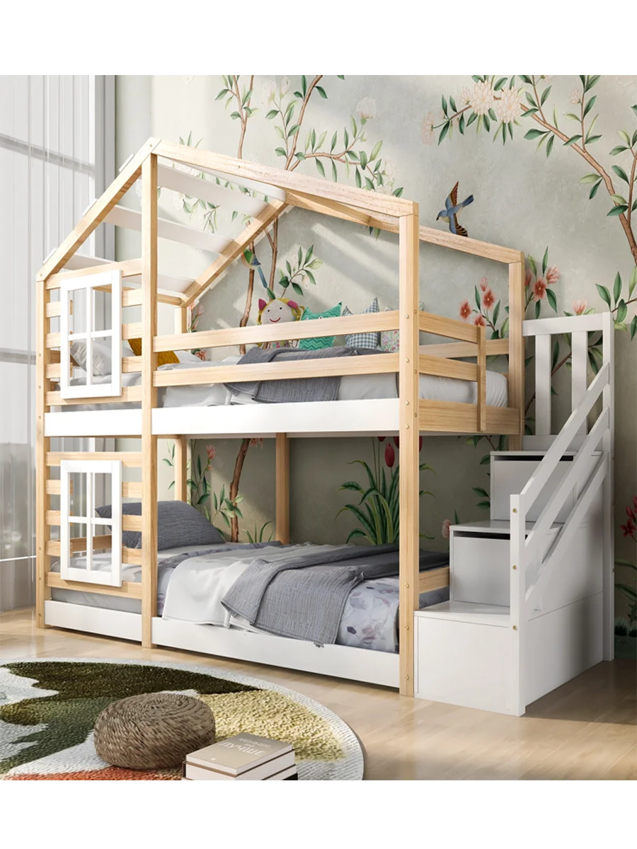 Anajqaqia, 90 x 200 cm, Kinder-Etagenbett, Hausbett mit Holzrost, Holzbett mit Schublade und Fenster, für 2 Kinder, ohne Matratze.