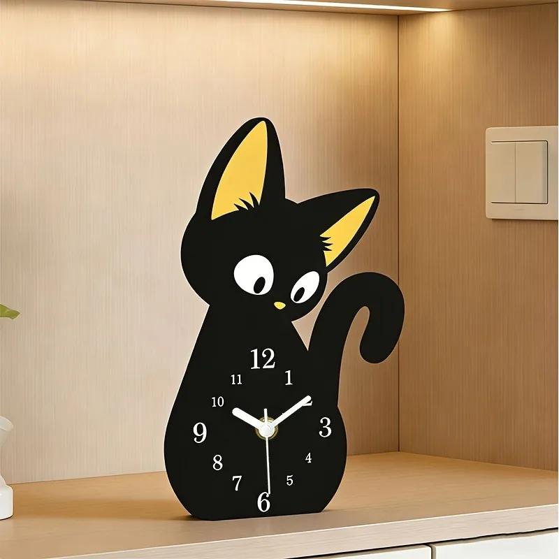 Creative Black Cat Shaped Silent Wall Clock Non-ticking Desktop Clock Home Decoration for Kitchen Office Pet Store Birthday