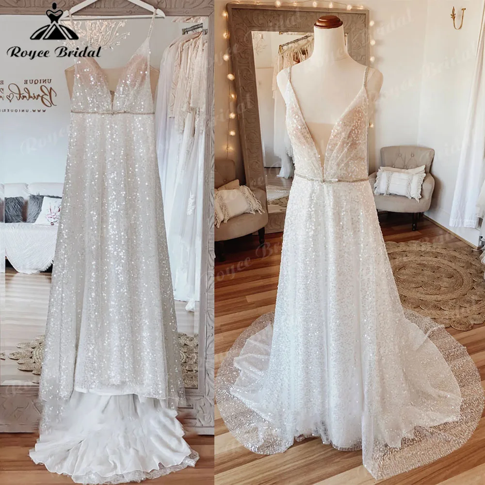 Sparkly Shiny Glitter Boho Beach Wedding Dress Open Back 2023 Vestidos Civil Bridal Gowns Spaghetti Straps Vestidos de Fiesta