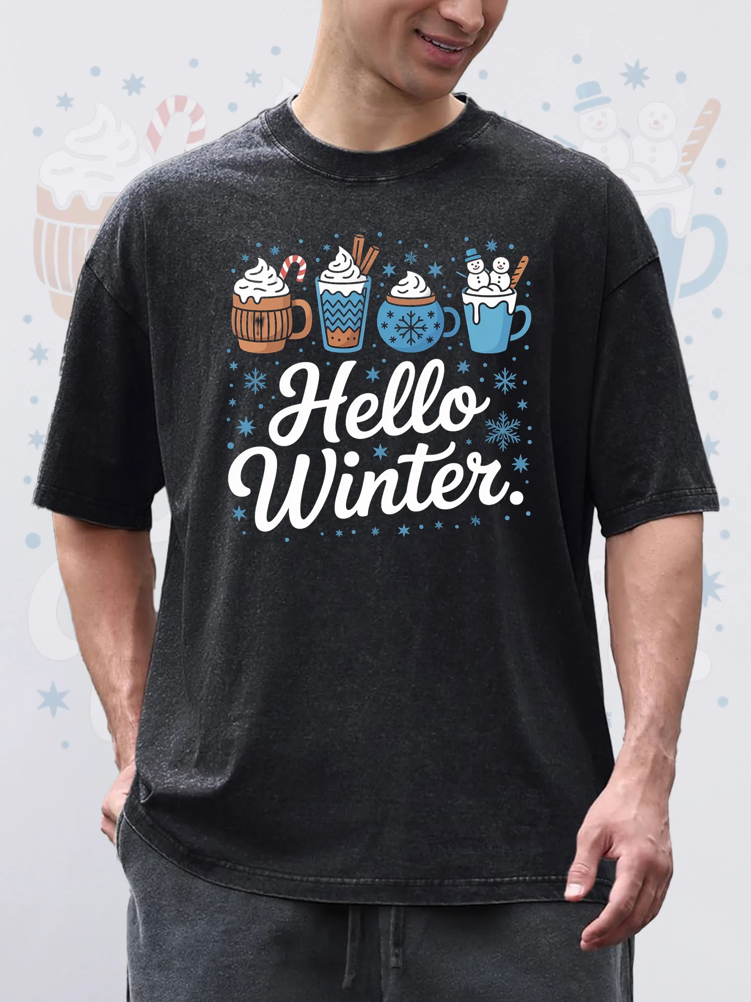 

Men's T-Shirts Hello Winter Printed Black Short-Sleeved Round Neck 100% Pure Cotton Acid Wash Suitable For Christmas