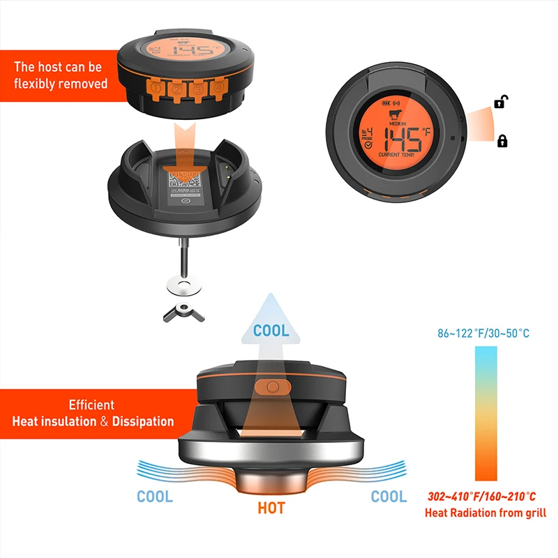 Termômetro digital sem fio com Bluetooth, Domo e sonda de temperatura, Cozinhar churrasco, Alimentos e carne, Grelhador a carvão, Forno e fumante,