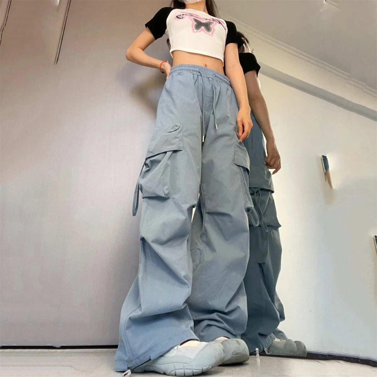 Oversized Pocket High Street Pant Black Vintage High Waist Women's Pants Fashion Retro Casual Streetwear Loose Jogger Trousers