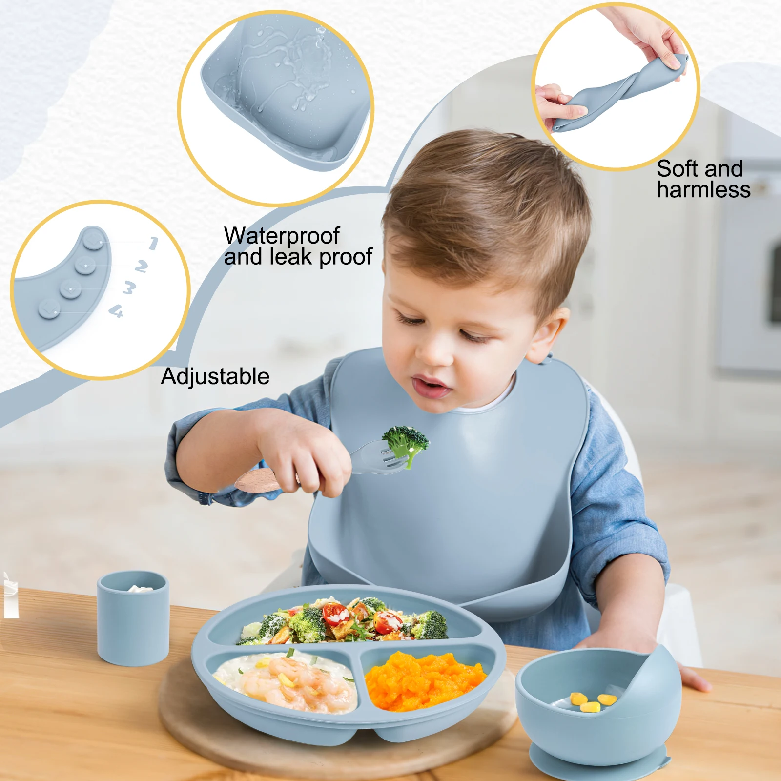 TYRY.HU 9pcs/set baby silicone feeding set wooden spoon fork cutlery suction bowl plate sucker training waterproof bib for gift