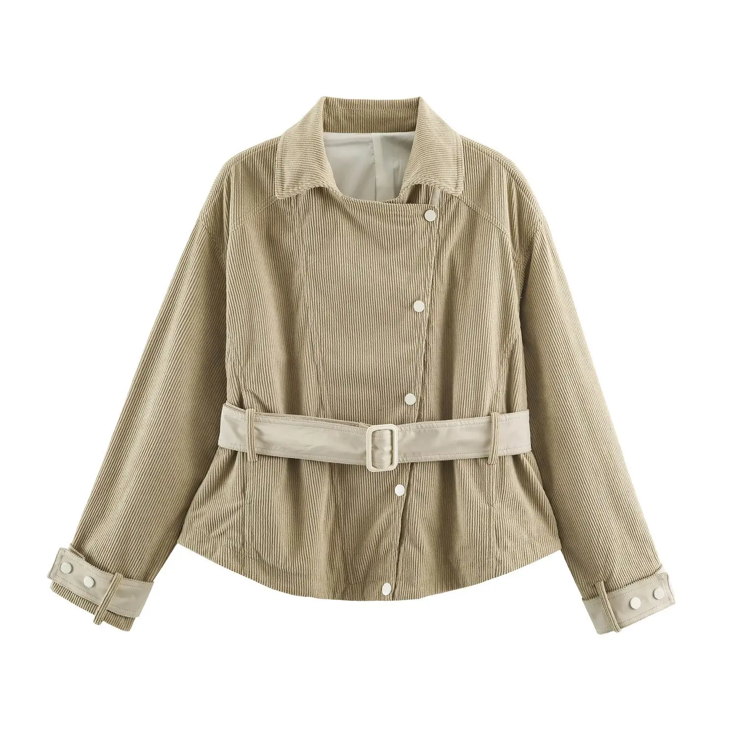 Womens Vintage Corduroy Jacket Turn Down Collar Belted Waist Snap Coat Casual Loose Short Parka Chic Autumn Winter Clothes