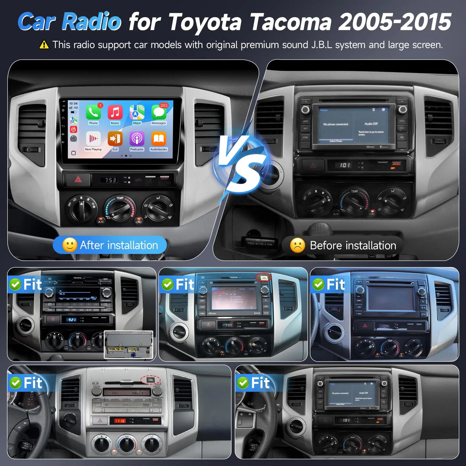شاشة لمس IPS مقاس 9 بوصة لسيارة Toyota Tacoma Stereo مع Carplay Android Auto/Bluetooth/GPS/WiFi/Camera/MIC+Can Bus(FIT-J.B.L)