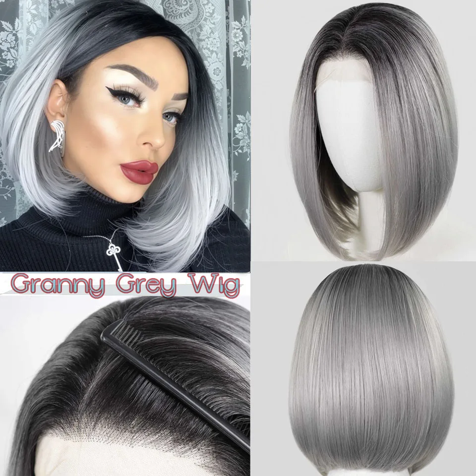 

Short Glueless Black To Gray blunt cut Ombre Granny bob hairpiece Heat Friendly Synthetic lace front wig, Handtied women's wig
