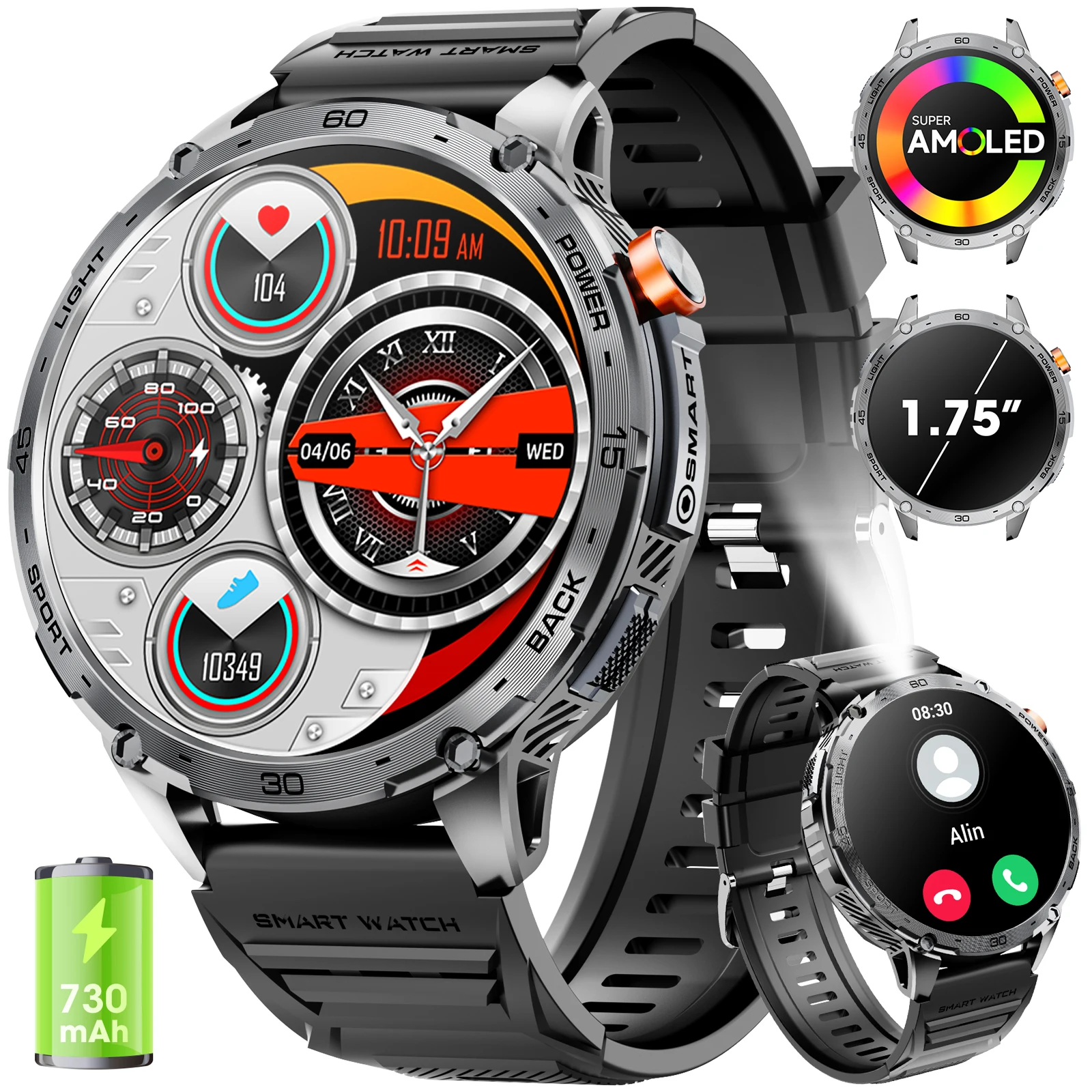 Smartwatch Herren 1,75 Zoll AMOLED Vollkreis Display Bluetooth Anruf 730mAh Großer Akku Lange Standby Herzfrequenz Blutdruck Sauerstoff Monitor Sport Fitness Uhr 22mm Austauschbares Armband