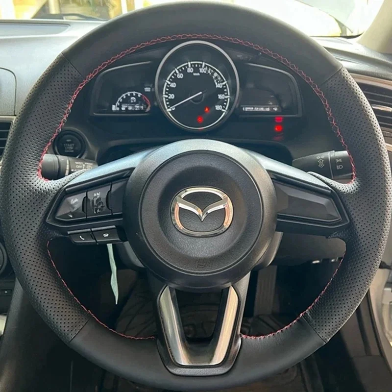 DIY czarny pokrowiec na kierownicę ze sztucznej skóry do Mazda 3 Onxeira CX4 Atenza CX5 CX30 akcesoria wewnętrzne wygodne — Zdjęcie 2 z 2