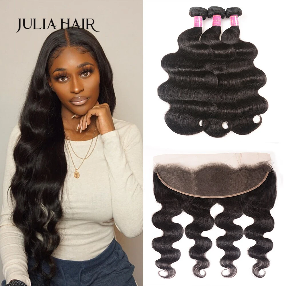 Julia Hair Body Wave Bundles With Frontal 3pcs Brazilian Body Wave Bundles With Frontal Human Hair Lace Frontal With Bundles