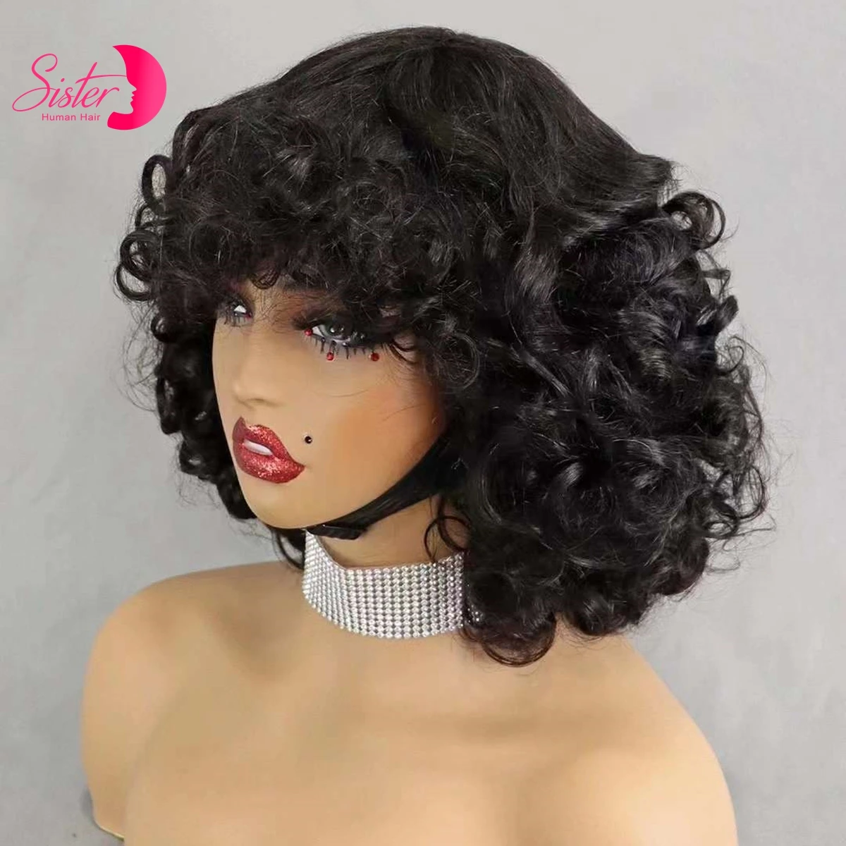200% Bouncy Curly Bob Wig Human Hair Wigs Full Machine Made Loose Bouncy Rose Curly Wigs with Bangs Remy Hair for Black Women