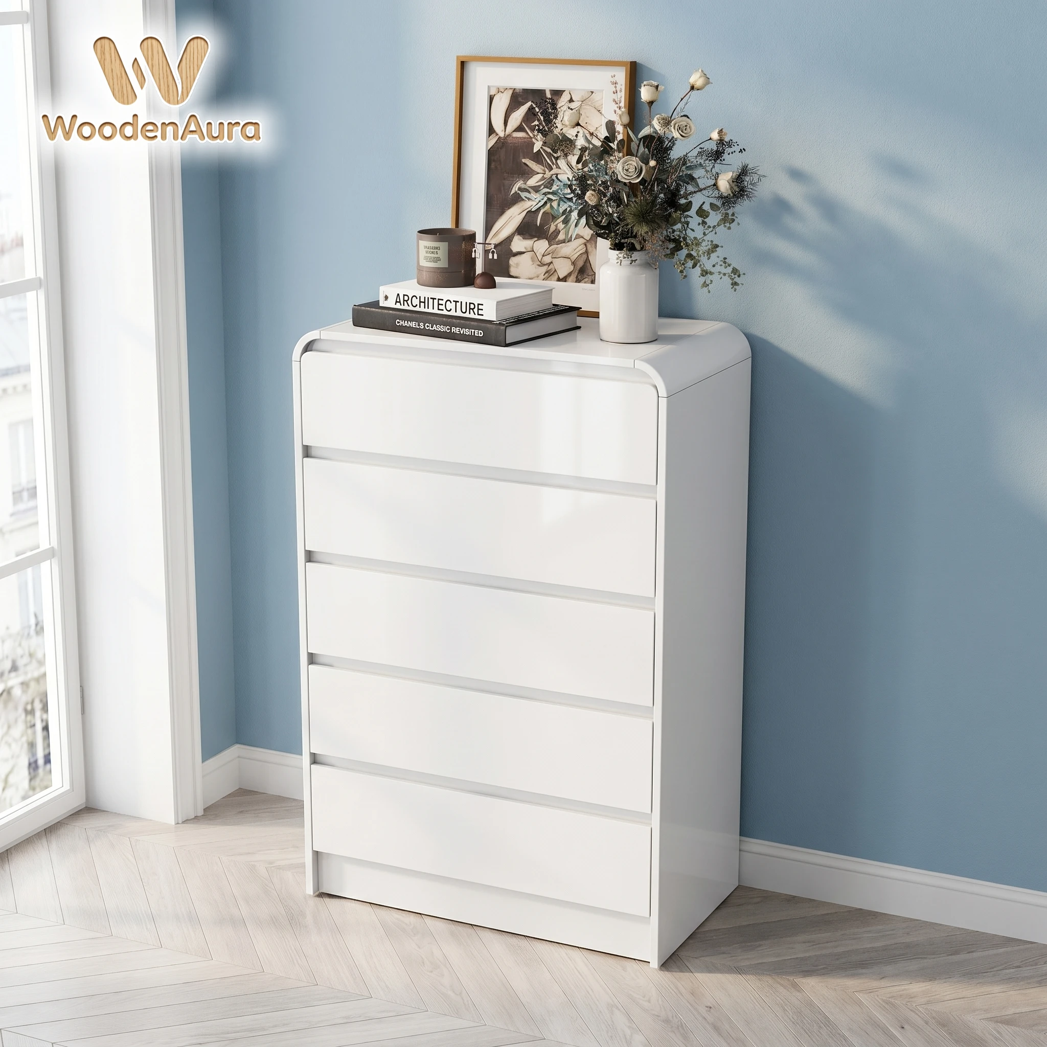 WoodenAura Cómoda, aparador, con iluminación LED, 5 cajones, estilo minimalista, blanco, armario de almacenamiento, ropero