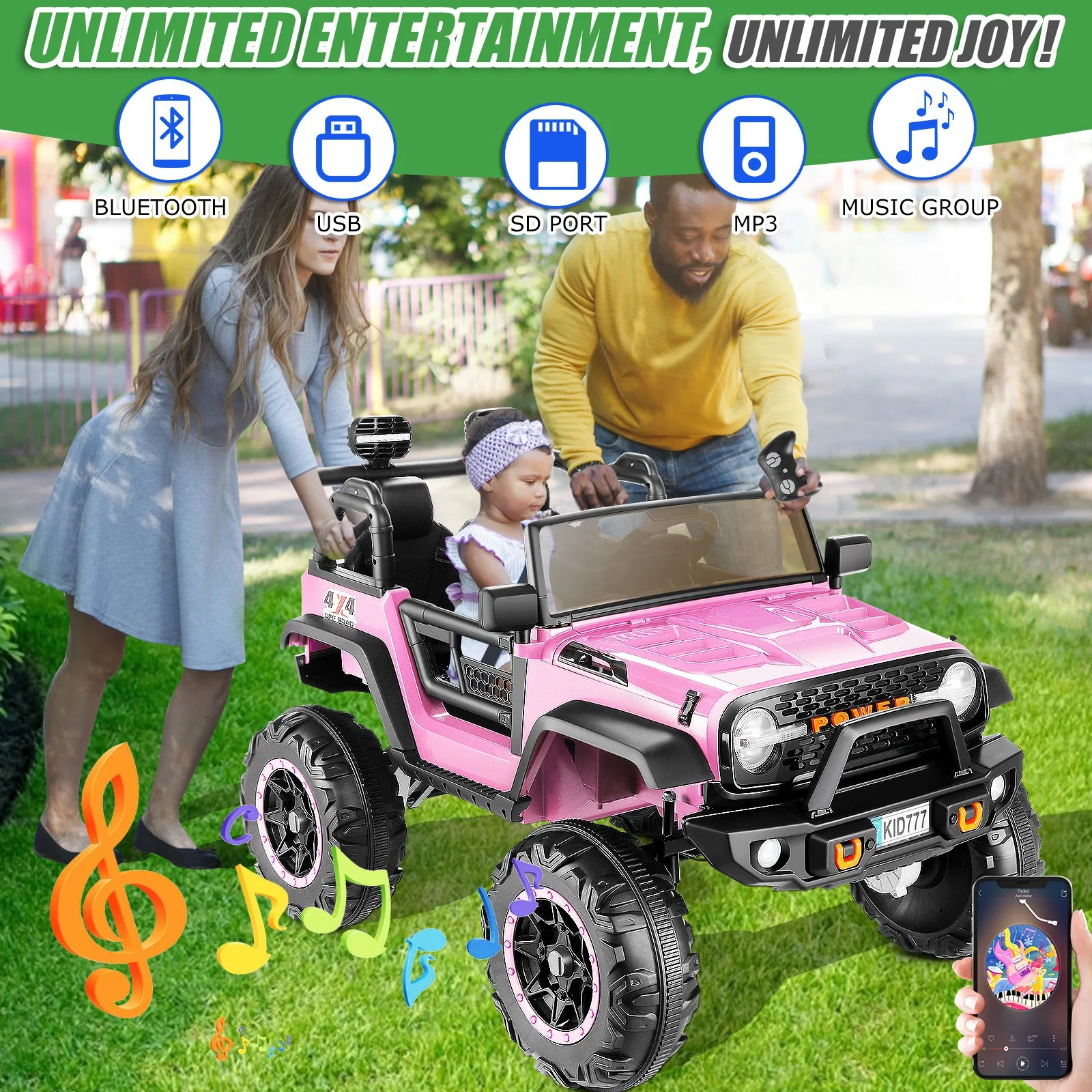 24V 2 posti bambini giro su camion auto elettrica 4WD/2WD commutabile 7AH alimentato a batteria giro su giocattolo con motore 4x100w, 3 velocità,