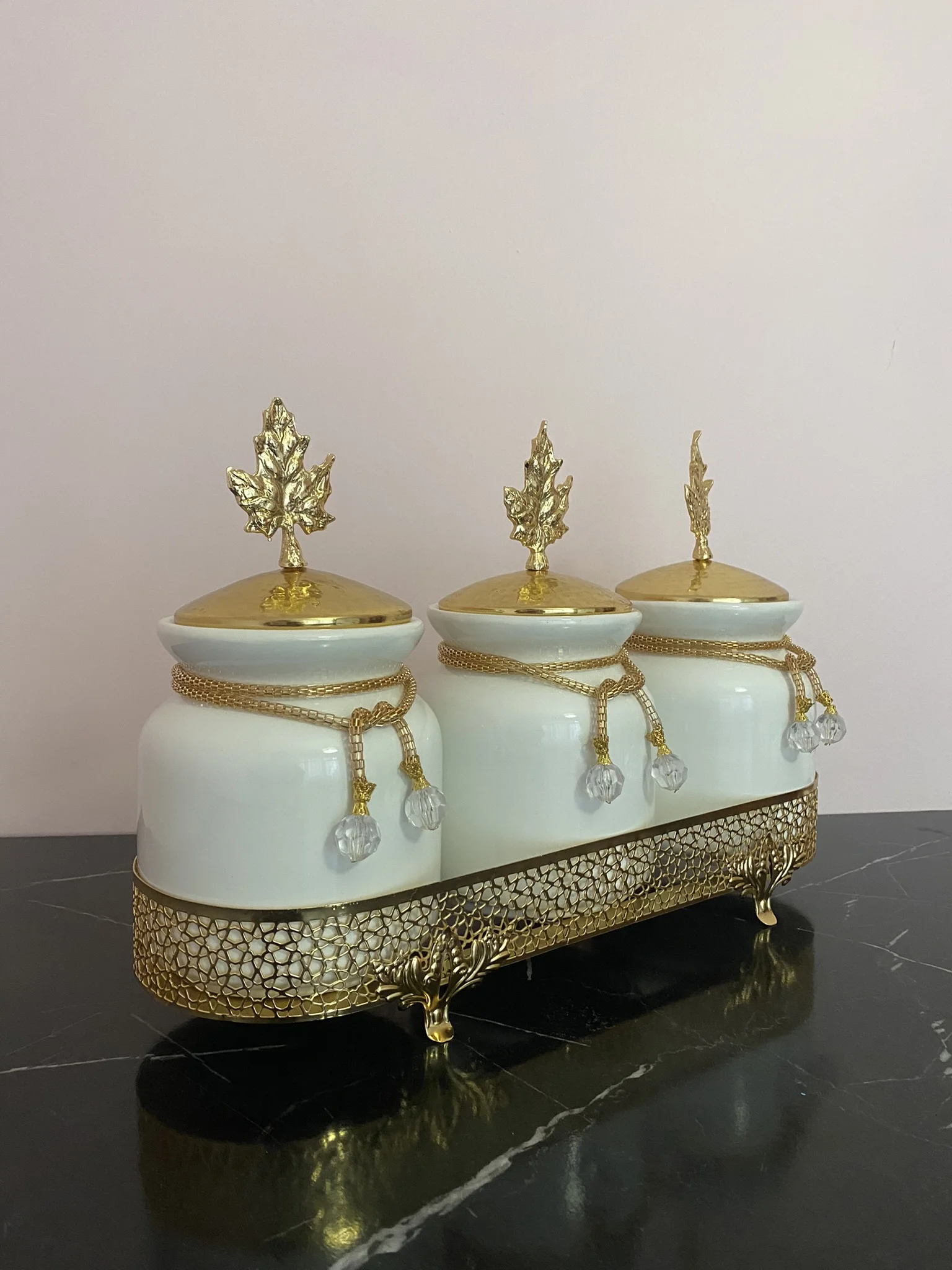 Canister sets 3 Pieces Jar Gold Stand Porcelain Metal Handwork High Quality Kitchen Accessories Table Serving Holder