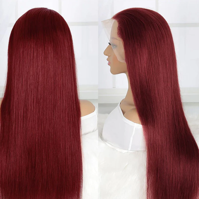 

99J Burgundy Red 13x4 Lace Front Human Hair Wigs Colored Straight Wigs Human Hair Pre Plucked with Baby Hair 200% Density