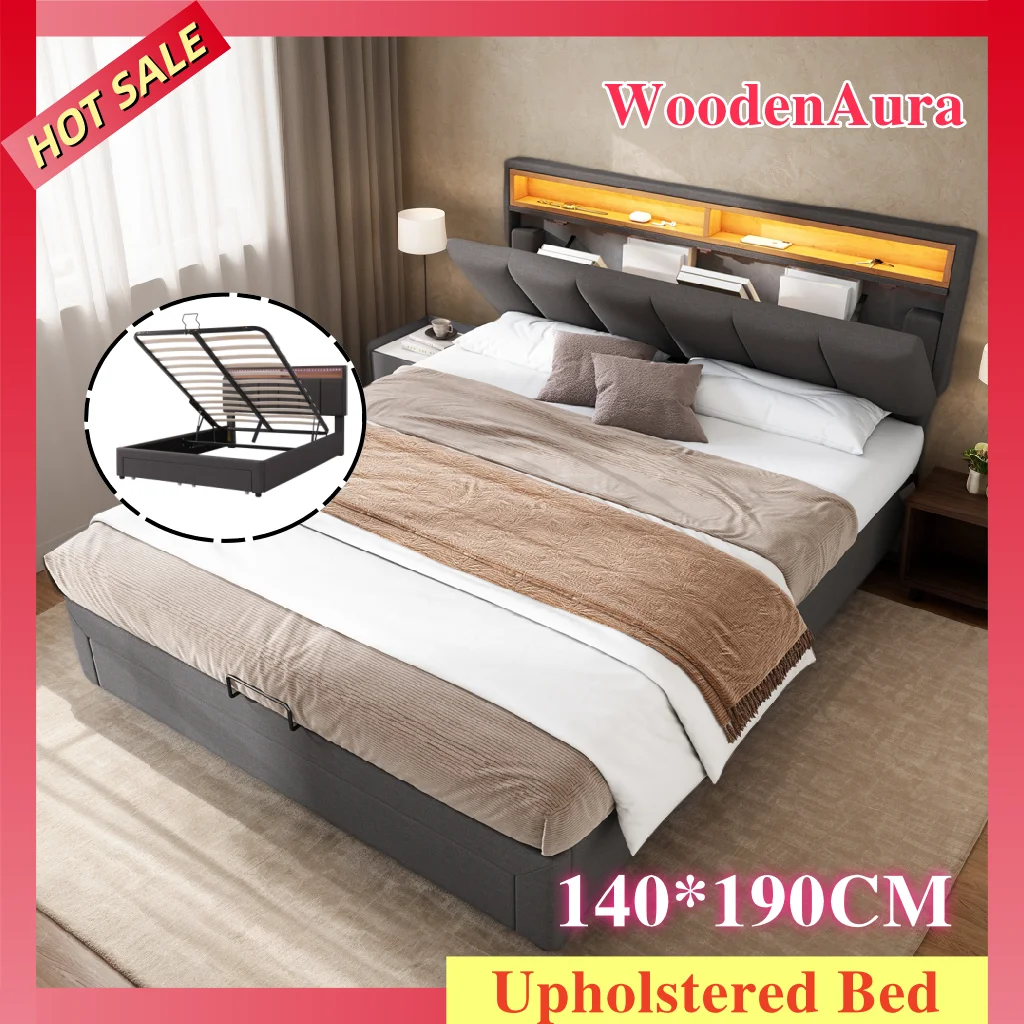 WoodenAura Lit de rangement 140x190cm avec système de levage hydraulique + 2 tiroirs, tête de lit LED avec étagères, tissu en lin, style moderne, gris
