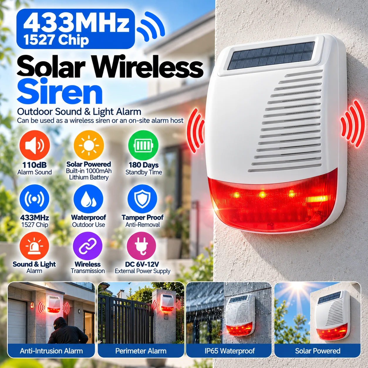 433MHz Wireless Solar Strobe Siren Waterproof For Tuya PG103 106 107 W2B W3B W4B W7B G30 G03 Home Burglar Wifi GSM Alarm System