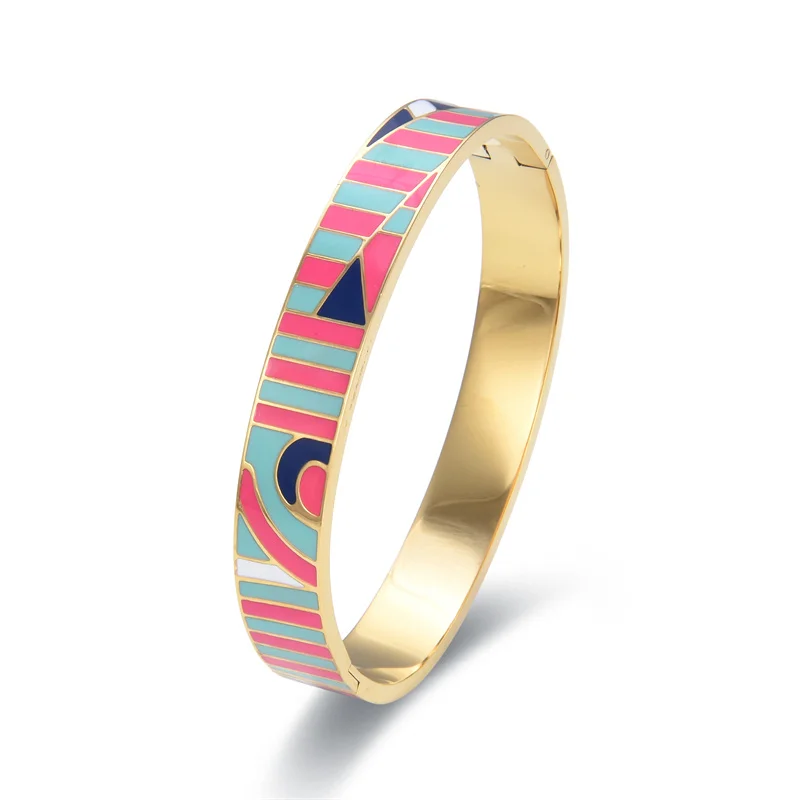 Top Selling Popular Stainless Steel Open Bangle For Women Gold Geometric Colorful Enamel Painted Bangles Wedding Jewelry Gifts