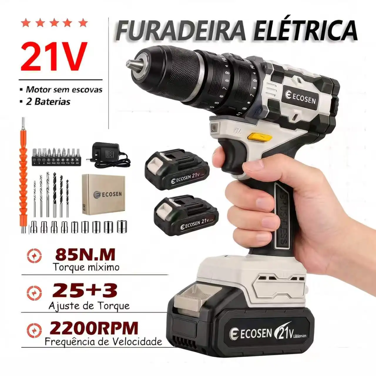 ブラシレス3in1-21vコードレスドリル-ドライバー、2つのバッテリー付き、アクセサリーとバイボルト充電器を含む完全キット