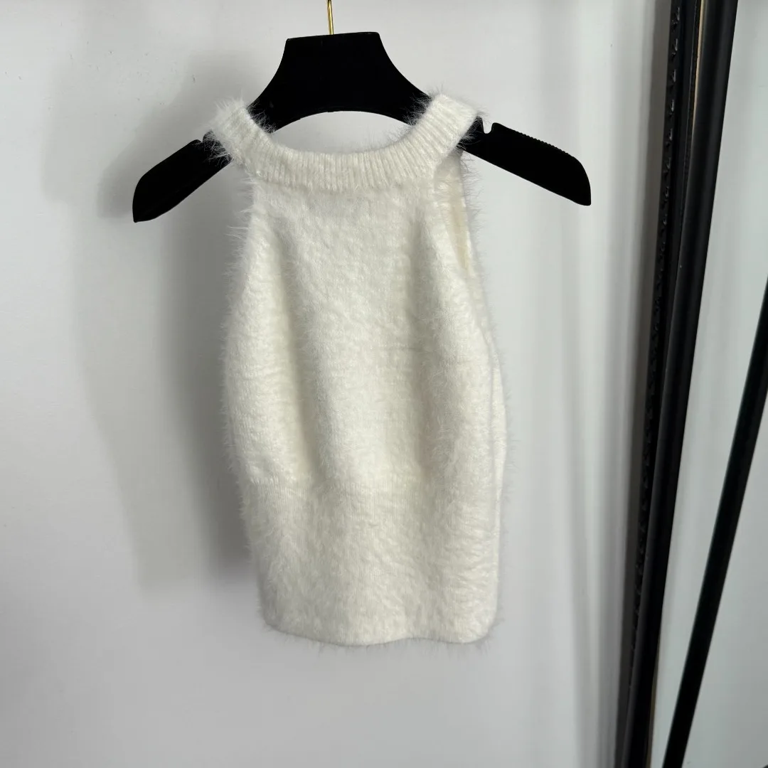 

Пушистая вязаная майка с напуском 2025, женский мягкий жилет без рукавов белого и черного цвета