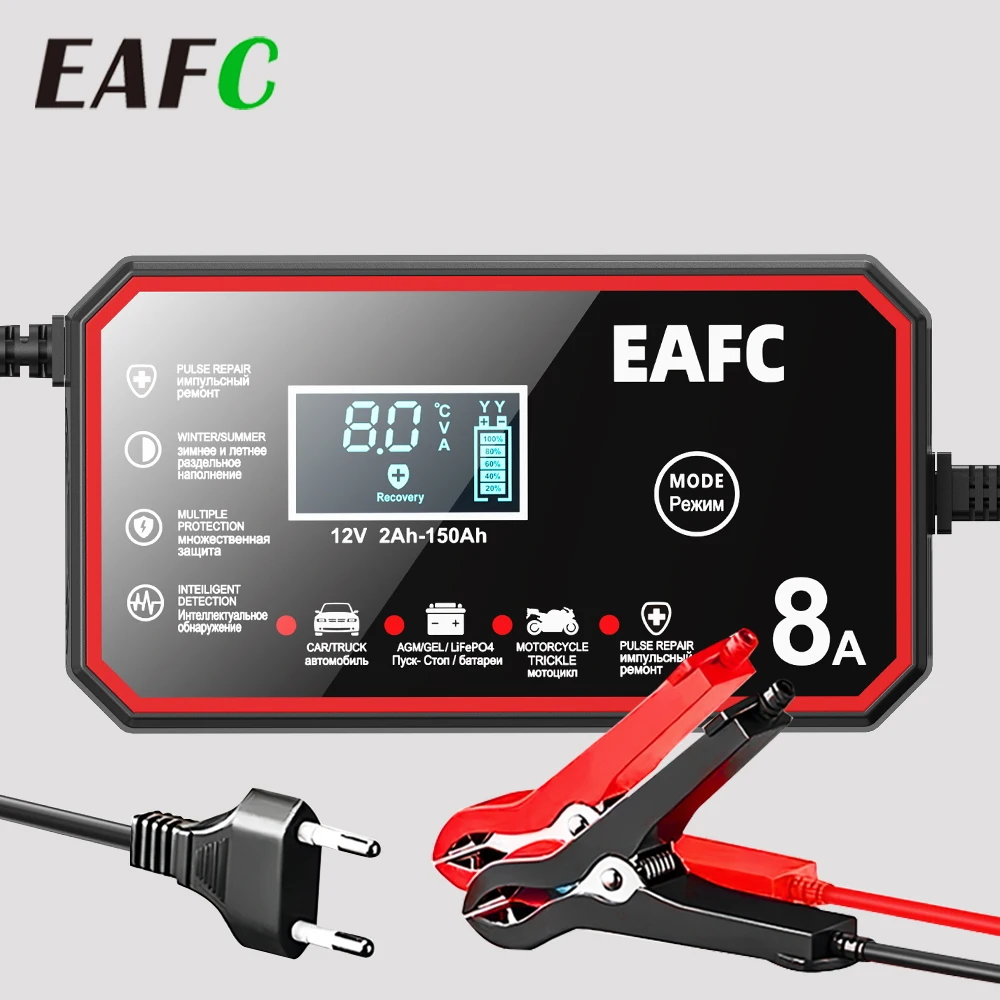 EAFC 12V Caricabatteria per auto 8A/6A Dispositivo di ricarica per batteria per auto e moto Batteria al piombo Smart Pulse Repair Display LCD