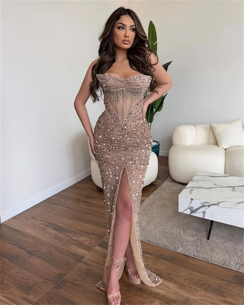 

2024 New Summer Banquet Design Feeling Leakage Shoulder Sequins Gold Heavy Industry Evening Dress Elegant High slit Party Dress