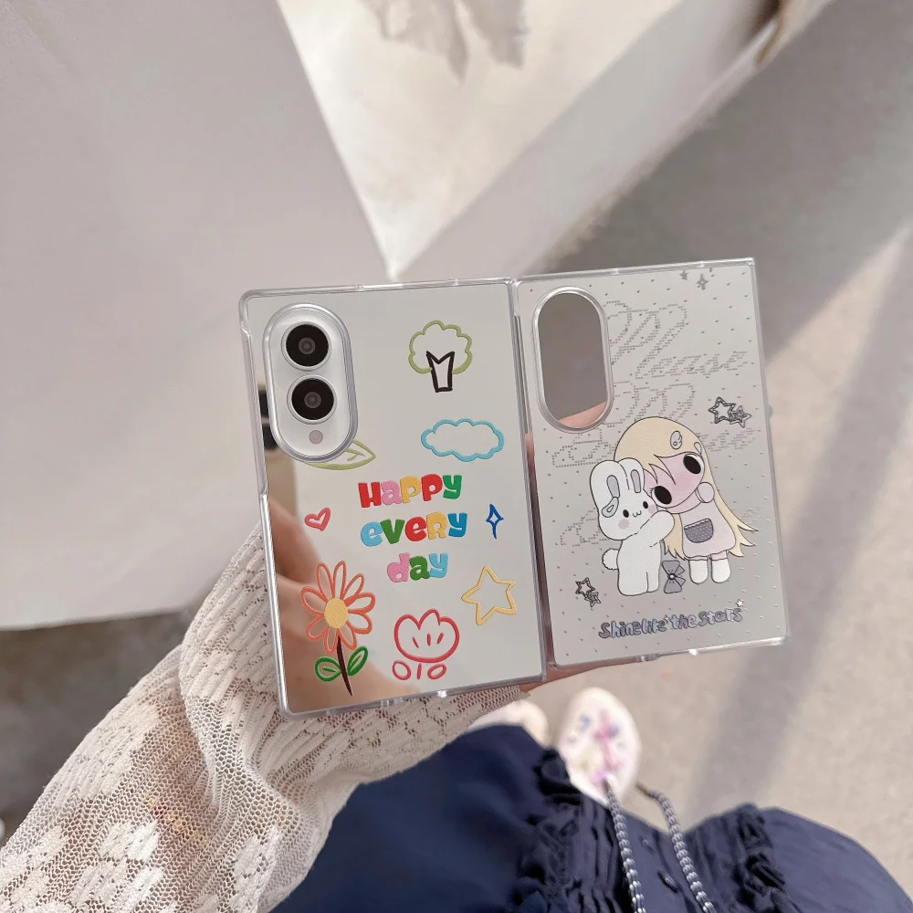 Korea Ins Cute 3D Nose Cartoon Girl Flower Mirror Phone Case for Samsung Galaxy Z Fold 8 fold8 Kawaii Anti-Fall Protective Cover