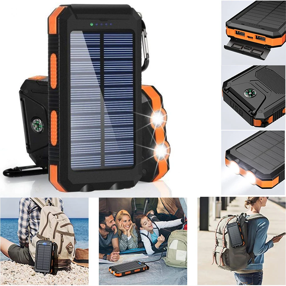 20000mAh المحمولة بنك الطاقة الشمسية التخييم شاحن بطارية خارجي للهواتف المحمولة 2 USB/ مصابيح كاشفة بلمبات LED شاحن