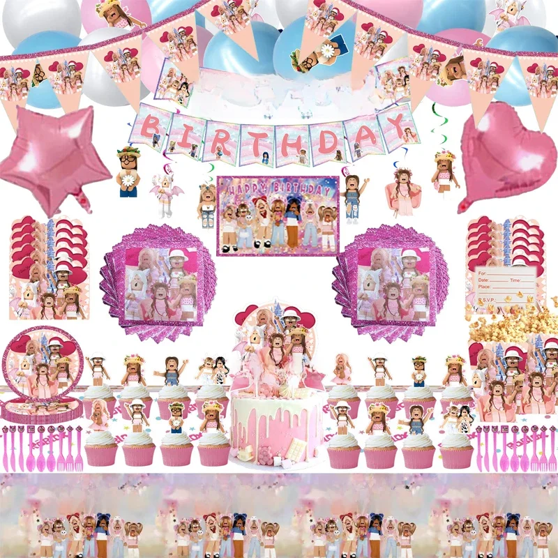 Roblox – décoration d'anniversaire pour enfants, ballons roses pour filles, sac de vaisselle, assiette en papier, tasse, paille, fournitures de fête, jeu de Robot, réception-cadeau pour bébé