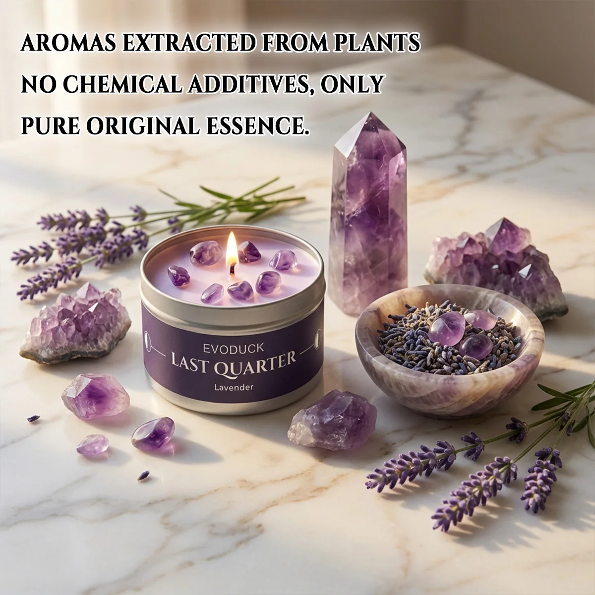 Waning Moon Scented Candle Soy Wax Lavender Scented Candles Silver Tin with Purple Crystal Chips Bestfriend Gifts Gift for Woman