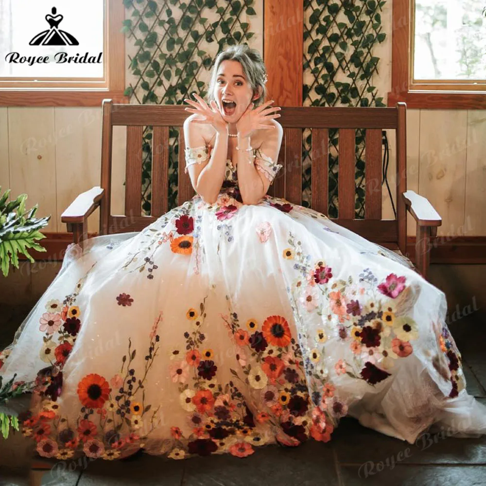 Romantic Embroidered Bloom Wildflower Multicolored Wedding Dress with Cap Sleeve 2025 Bridal Gown Custom Made Unique Floral Sexy