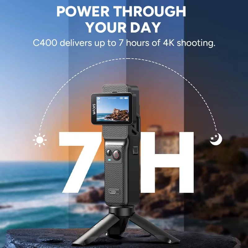 C400 with soft HD Screen protector,SJCAM Portable 4K Handheld Camera,long battery with rotating Screen