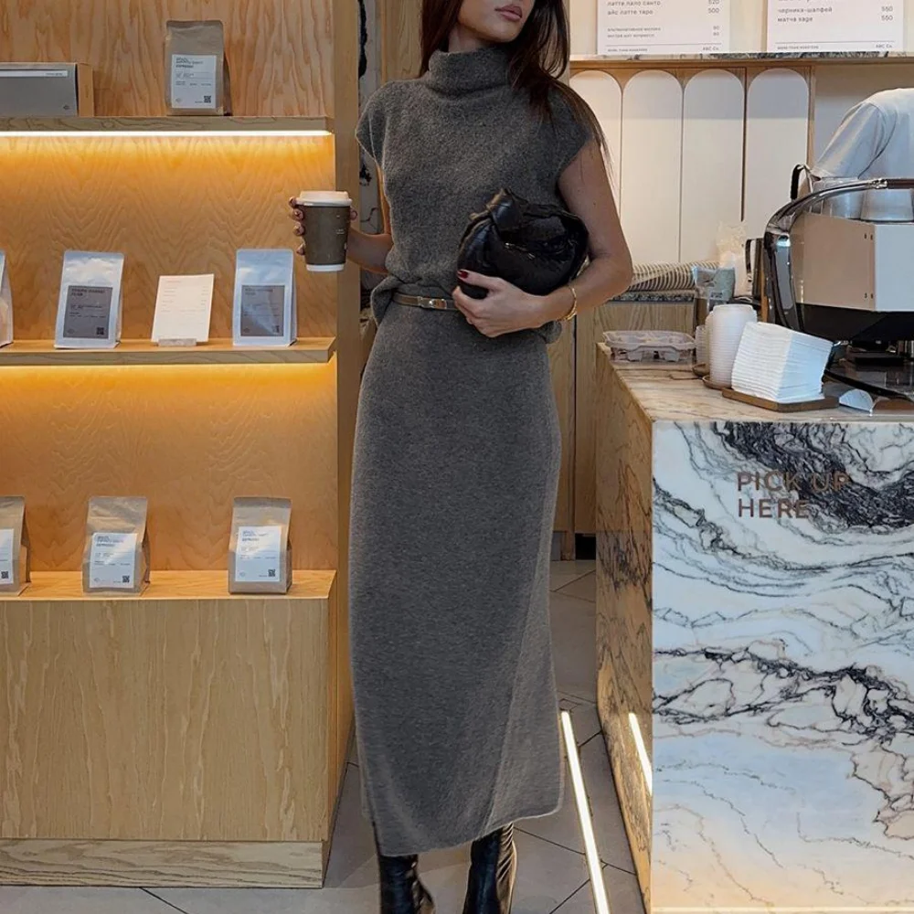 Ensemble en maille douce pour femmes, haut à manches courtes et col roulé, jupe, ensemble d'été, couleur unie, élégant, minimaliste, ensemble en deux pièces.