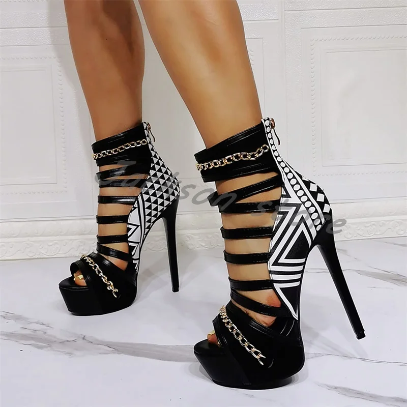 Trendy Mixed Colors Thin Strap Chain Sandals Super High Heels Women Peep Toe Back Zipper Sandals Platform Banquet Shoes