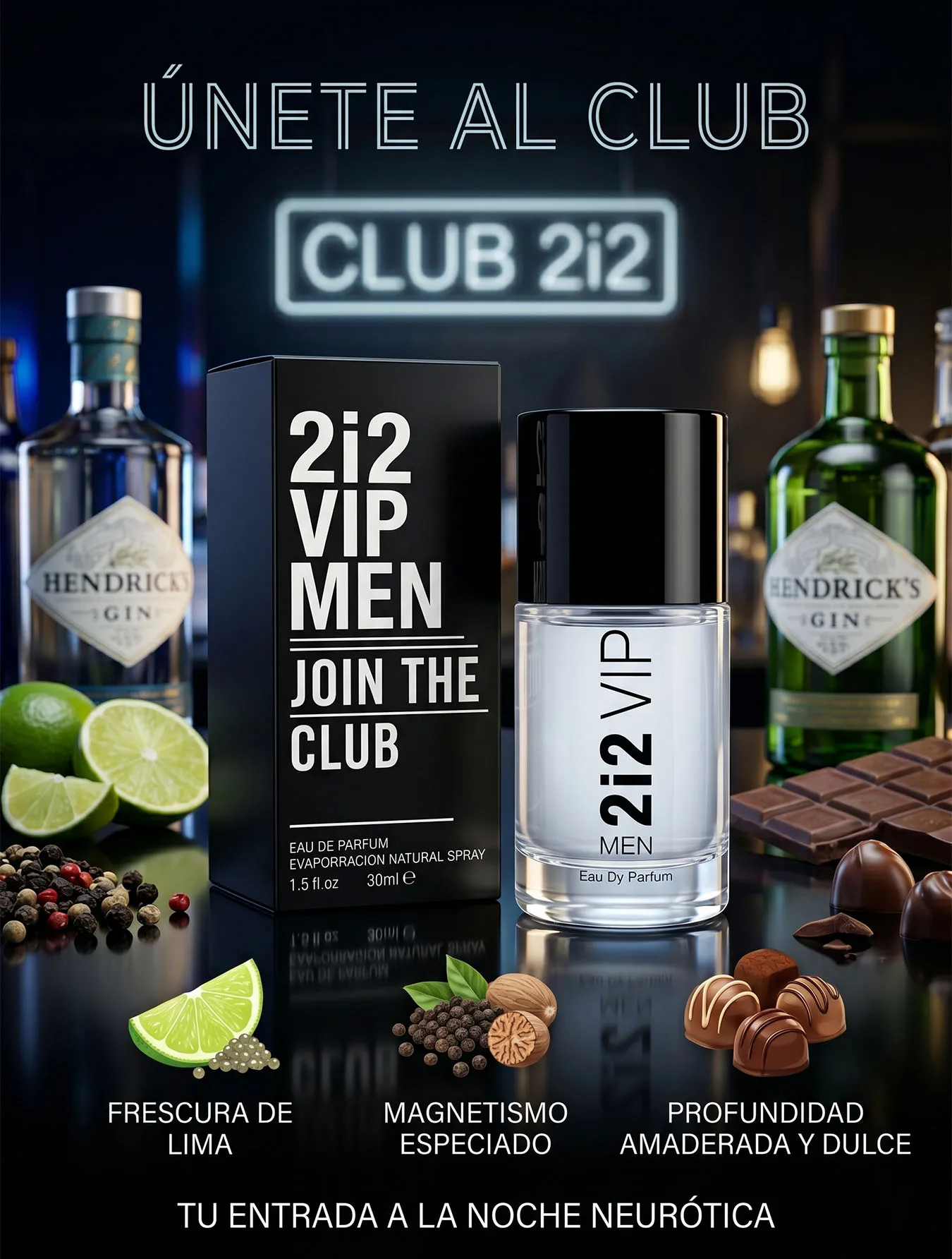 Perfume 2i2 VIP Men Join The Club 30ml Eau De Parfum para Hombre Aroma Nocturno Amaderado Especiado con Notas de Gin Lima y Chocolate Fragancia Magnética para Fiesta y Citas Loción Masculina de Estilo Urbano.