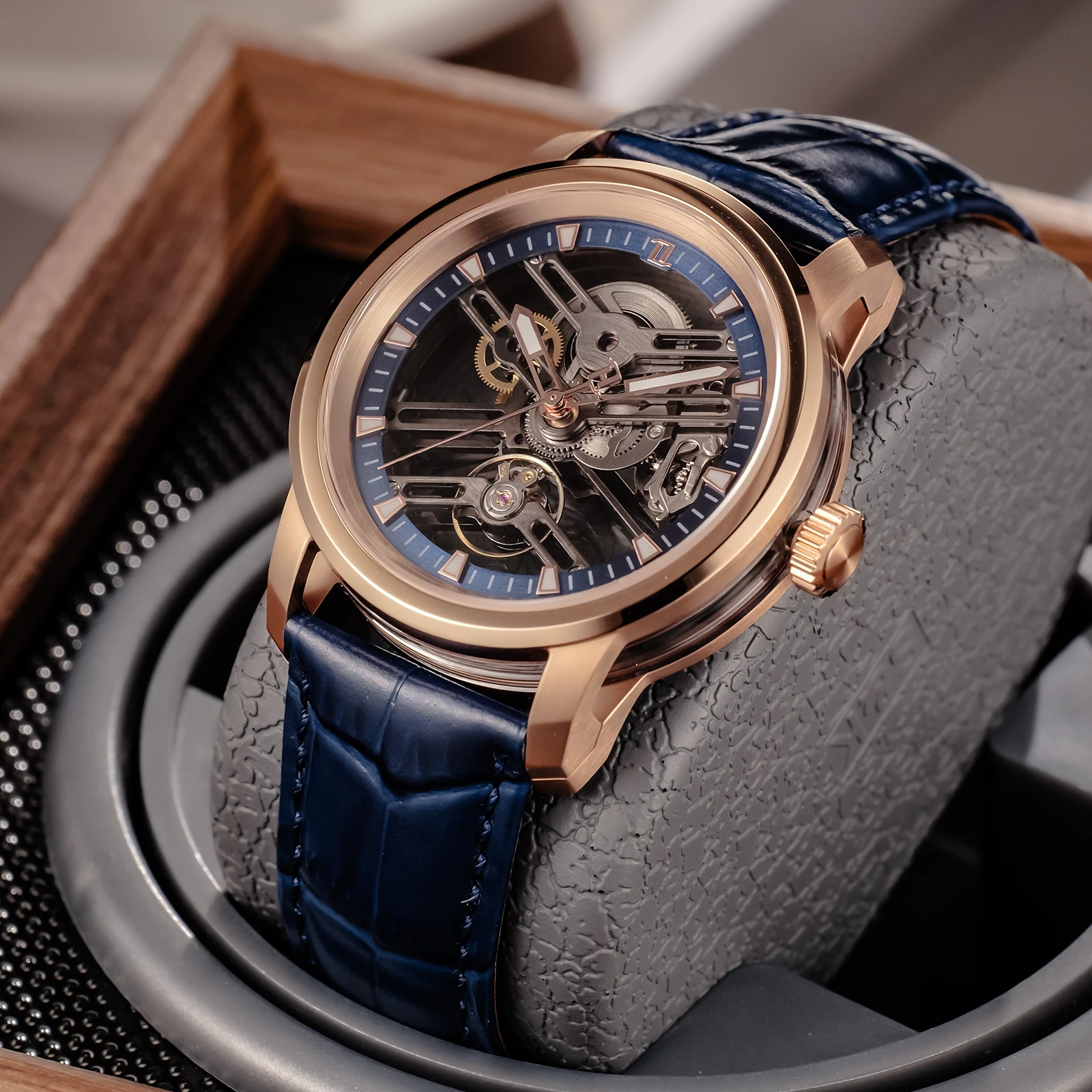 OBLVLO Men Watches Rose Gold Case Hollow-out Automatic Watch Luminous Waterproof Blue Leather Strap Mechanical Wristwatch KM-S