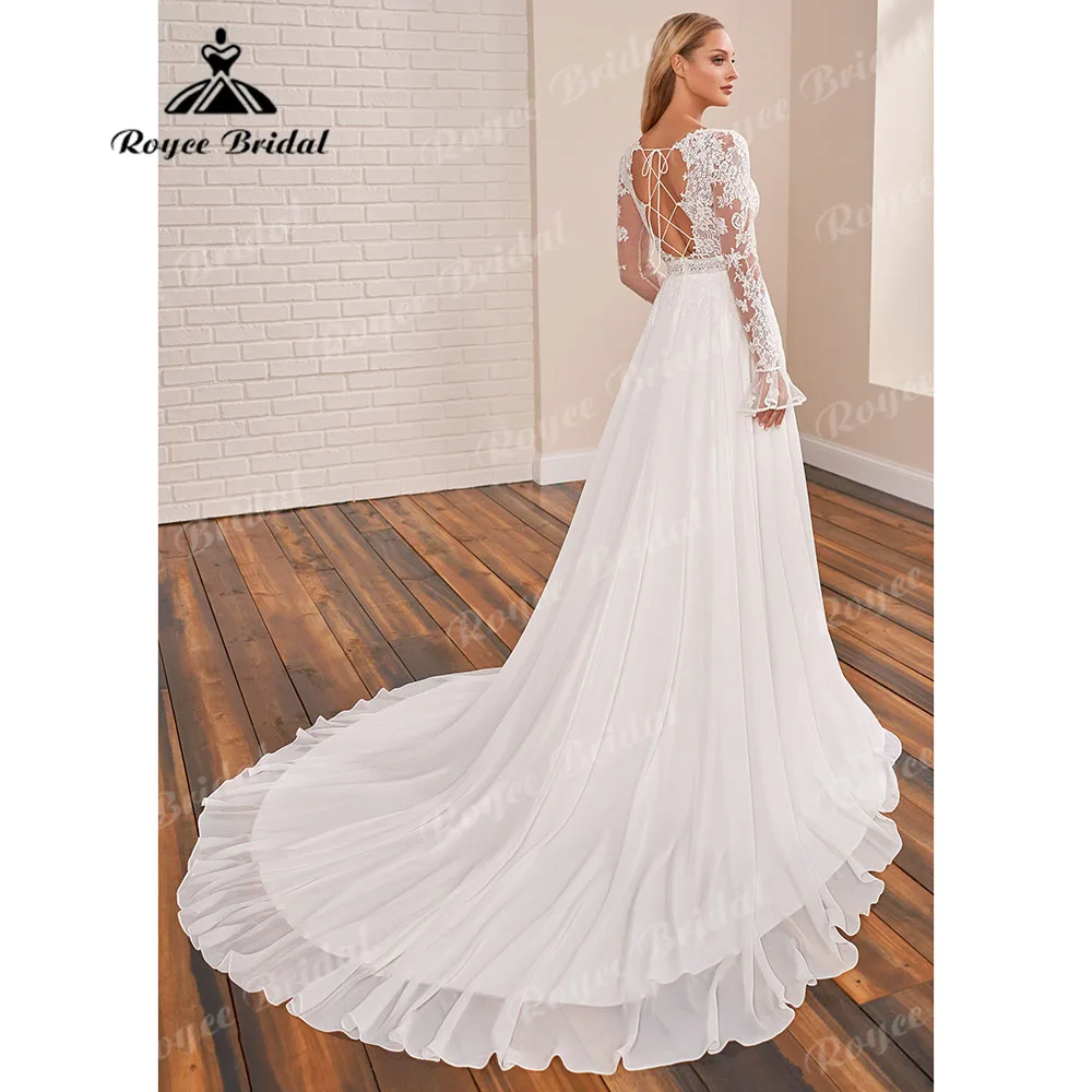 Robe Civil Bohemian Long Sleeve Lace Chiffon Boho V Neck Flowying Wedding Dress for Bride 2024 Illusion Lace Up Back Birdal Gown