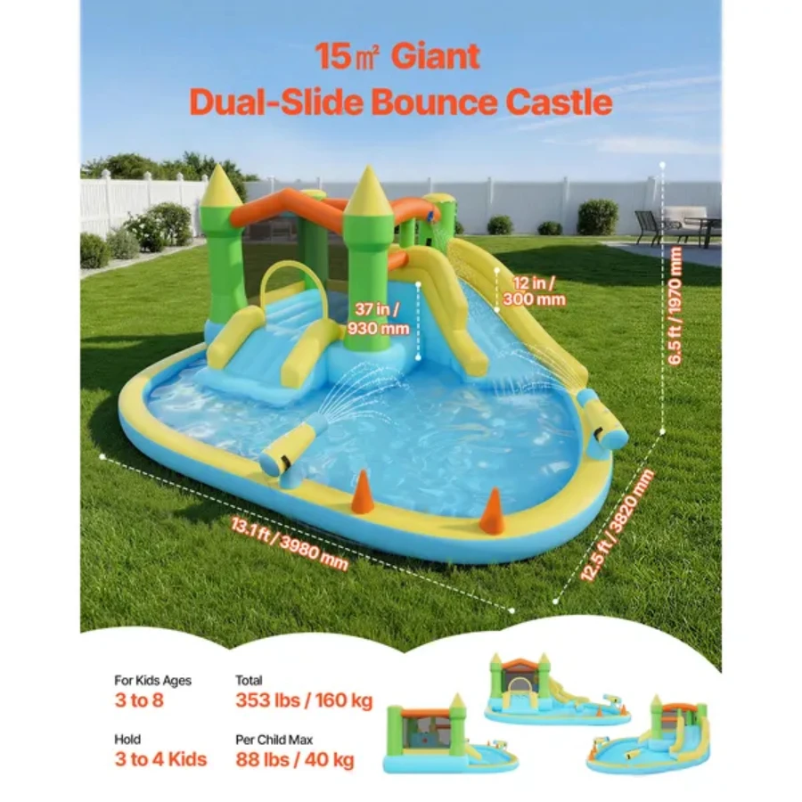 Inflatable bounce house with water slide, basketball hoop, and splash pool—suitable for children aged 3 to 8.